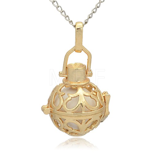 Golden Tone Brass Hollow Round Cage Pendants KK-J235-09G-1