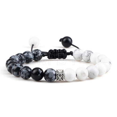 Adjustable Round Natural Howlite & Snowflake Obsidian Braided Bead Bracelets for Women Men GP7384-3-1