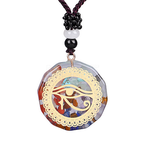 Chakra Yoga Theme Mixed Gemstone with Polygon Resin Pendant Necklace with Polyester Cord for Women CHAK-PW0001-025I-1