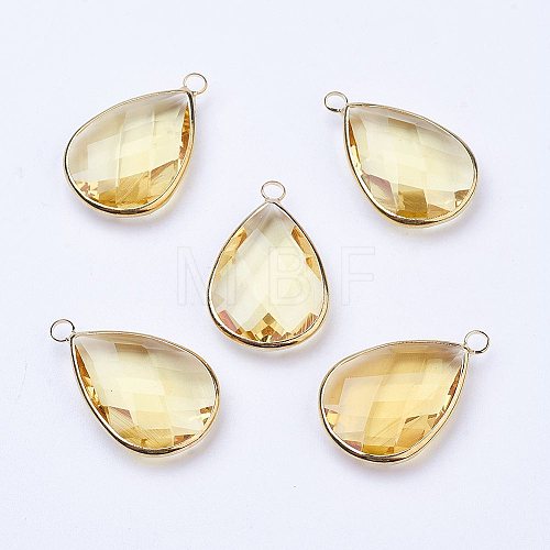 Golden Tone Brass Glass Teardrop Pendants X-GLAA-M006-A-18G-1