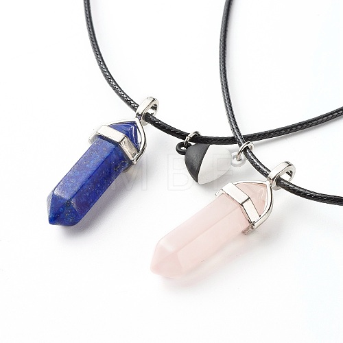 Natural Rose Quartz & Lapis Lazuli Double Terminated Pointed Pendants Necklaces Set for Couples Best Friends NJEW-JN03675-1