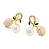 Cubic Zirconia Tulip & Natural Pearl Stud Earrings EJEW-Z020-02G-1