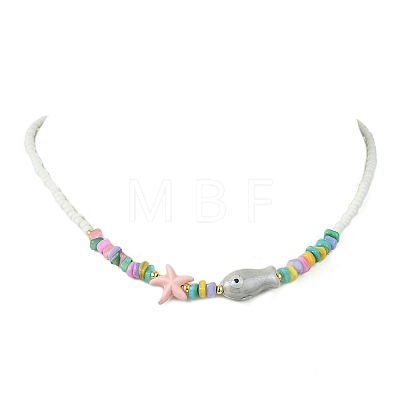Ocean Synthetic Turquoise Starfish & Handmade Porcelain Fish & Glass Seed Beaded Necklaces for Women NJEW-JN06221-1