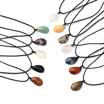 Natural & Synthetic Mixed Gemstone Teardrop Pendant Black Waxed Cord Adjustable Necklaces NJEW-G169-01-1