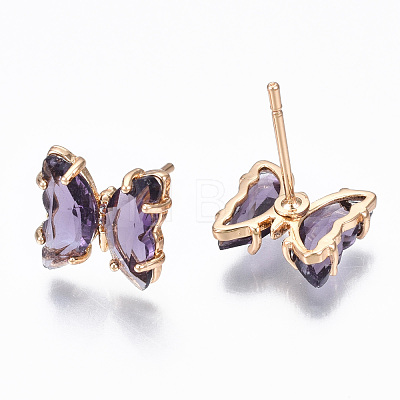 Cubic Zirconia Butterfly Stud Earrings with Glass KK-S365-003C-1