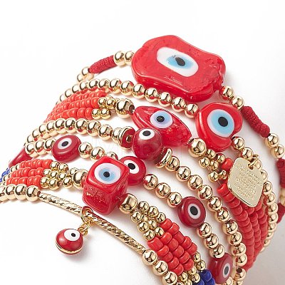 7Pcs 7 Style Evil Eye Lampwork & Glass Seed & Brass Beaded Stretch Bracelets Set for Women BJEW-JB09249-01-1