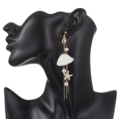 Brass Glass Pearl Shell Shape Dangle Stud Earrings EJEW-TA00764-1