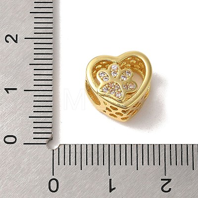 Heart with Paw Print Pattern Rack Plating Brass Micro Pave Cubic Zirconia European Beads KK-G511-05A-G-1