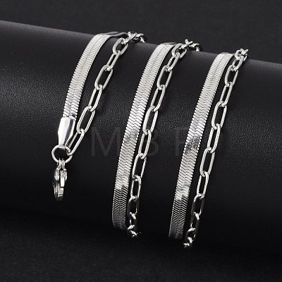 Non-Tarnish 304 Stainless Steel Paperclip & Herringbone Chains Double Layer Necklace for Men Women LS-NJEW-E046-01P-1