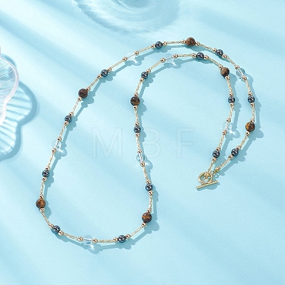 Round Synthetic Non-Magnetic Hematite & Quartz Crystal & Natural Tiger Eye and Glass Twisted Bugle Beaded Necklaces NJEW-JN05726-1