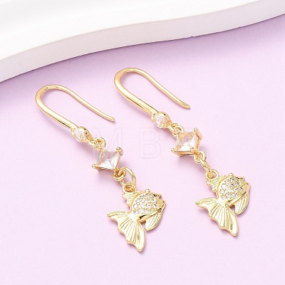 Brass Micro Pave Clear Cubic Zirconia Fish Dangle Earrings EJEW-A149-02G-1