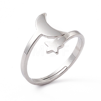 201 Stainless Steel Moon & Star Adjustable Ring for Women RJEW-K238-08P-1