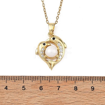 Ocean Brass Micro Pave Clear Cubic Zirconia and Natural Pearl Heart Dolphin Pendant 304 Stainless Steel Cable Chain Necklaces for Women NJEW-JN06262-1