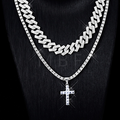 2Pcs Cross Zinc Alloy with Clear Cubic Zirconia Pendant Necklaces FS-WG0C5CD-02-1