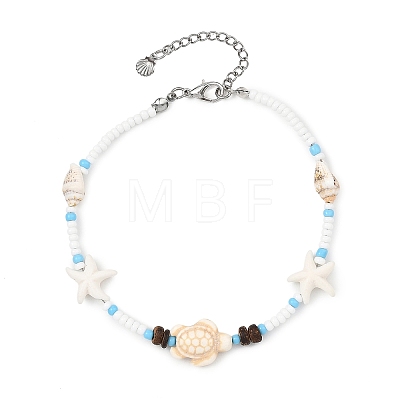 Boho Sea Turtle & Starfish Shell & Synthetic Turquoise Beaded Anklets AJEW-AN00783-1