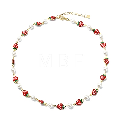 Brass Enamel Red Strawberry Link Chain Necklaces for Women NJEW-JN06121-1