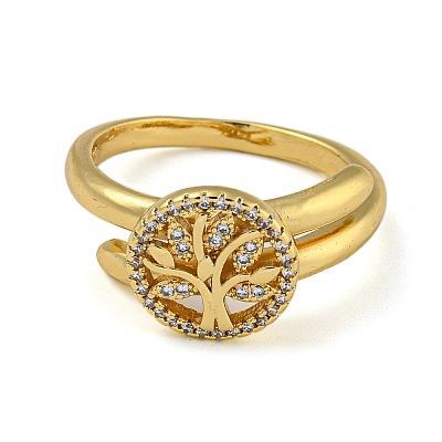 Flat Round with Tree of Life Brass Micro Pave Clear Cubic Zirconia Double Rings RJEW-Z050-23G-1