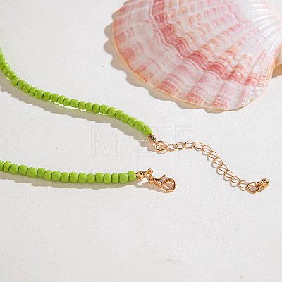 Summer Beach Porcelain Fish Shell Shape & Plastic Pearl Pendant Lime Glass Seed Beaded Necklaces for Women FS-WGBDA16-01-1