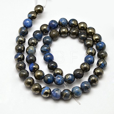 Electroplate Gemstone Natural Pyrite Round Beads Strands G-L129-8mm-01-1