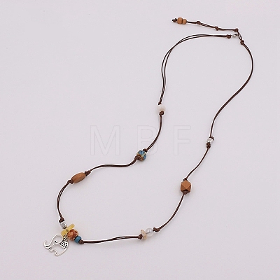 Boho Alloy Elephant Pendant Adjustable Waxed Cord Necklaces WGBAB51-01-1