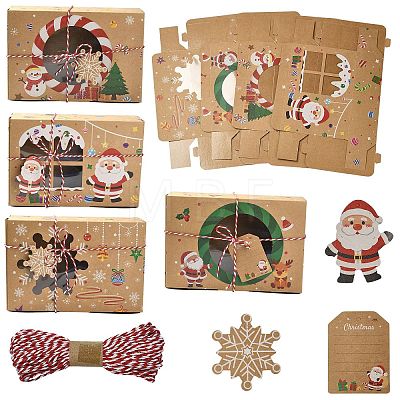 12 pcs 4 Styles Christmas Theme Kraft Paper Gingerbread Candy Boxes with PET Window ST-CJ0010-15-1