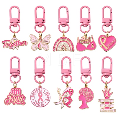 10Pcs 10 Styles Breast Cancer Awareness Ribbon Alloy Enamel Flower Pendant Decorations HJEW-YW00317-1