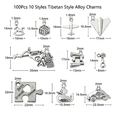 100Pcs 10 Styles Tibetan Style Alloy Pendants TIBEP-CJ0002-62-1