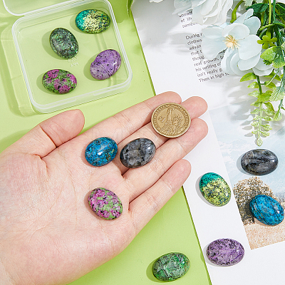 12Pcs 6 Styles Natural Ruby in Zoisite & Sesame Jasper/Kiwi Jasper & Larvikite & Ripple Jasper Cabochons G-FH0002-63B-1