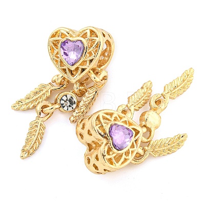 Rack Plating Alloy Pave Violet Rhinestone Heart with Feather European Dangle Charms FIND-B034-19G-03-1