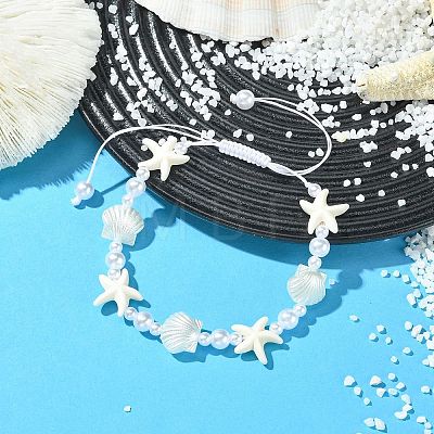 Adjustable Starfish & Shell Shape ABS Imitation Pearl and Synthetical Turquoise Beaded Braided Bead Bracelets for Women BJEW-JB13814-1