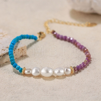 Dyed Natural Turquoise & Lepidolite & Pearl Beaded Bracelet BJEW-G688-01G-1