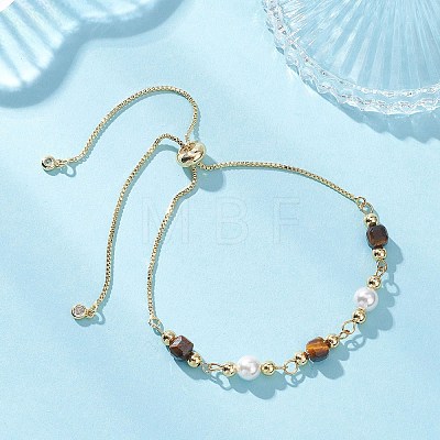 Natural Tiger Eye Cube & Shell Pearl Round Beads Link Bracelets BJEW-JB12907-01-1