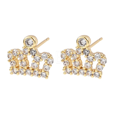 Crown Brass Micro Pave Clear Cubic Zirconia Stud Earrings EJEW-H178-13G-1