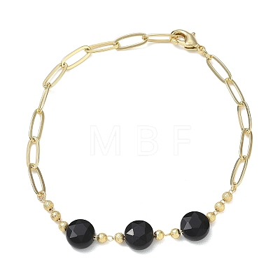 Natural Black Onyx(Dyed & Heated) Faceted Flat Round Beaded Brass Paperclip Chain Bracelets GG-CBA37F5-02G-12-1