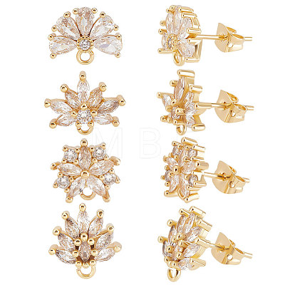 4 Pairs 4 Style Brass Cubic Zirconia Flower Stud Earring Findings EJEW-BBC0001-11-1