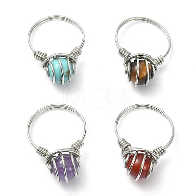 4Pcs 4 Style Natural Mixed Gemstone Round Beaded Finger Rings Set RJEW-TA00076-1