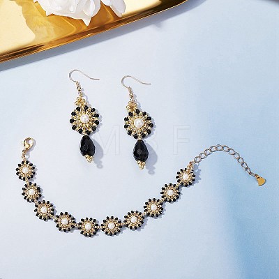 Shell Pearl & Glass Seed Braided Flat Round Dangle Earring and Beaded Bracelets Sets SJEW-SW00007-1