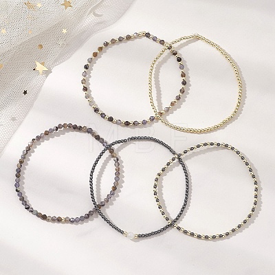 5Pcs 5 Styles Natural Rainbow Moonstone & Iolite & Non-magnetic Synthetic Hematite Beads Bracelets BJEW-JB13090-1