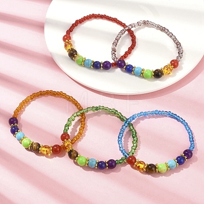 Natural Mixed Stone & Glass Seed Beaded Stretch Bracelet for Women BJEW-JB09627-1