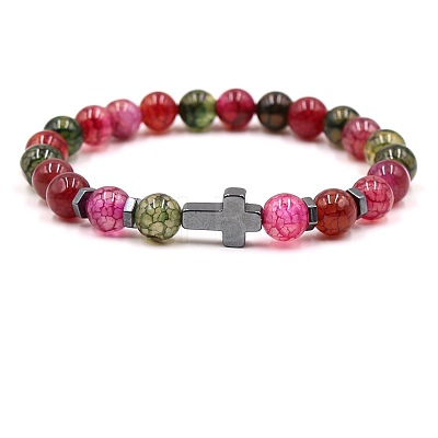 8MM Round Natural Dragon Veins Agate(Dyed & Heated) Beaded Stretch Bracelets with Synthetic Non-magnetic Hematite Cross FA1012-10-1