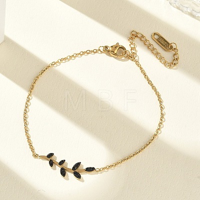 304 Stainless Steel Rhinestone Leaf Link Bracelets SA-CBA5F76-03G-02-1