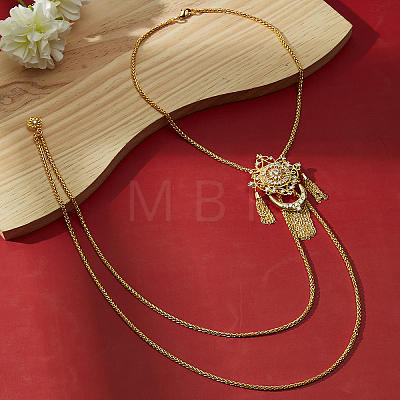 Elegant Brass Pave Clear Cubic Zirconia Flower Long Tassel Lariat Necklaces Brooches for Women OD2004-1