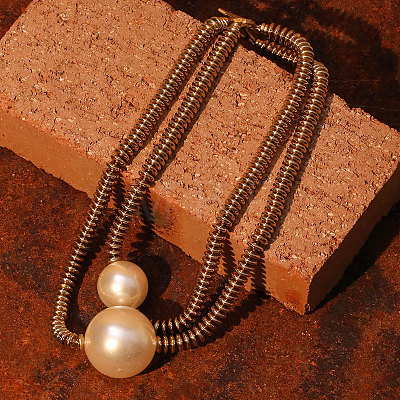 Plastic Imitation Pearl Round Pendant CCB Plastic Heishi Beaded Double Layer Necklaces with OT Clasps FS-WG332D2-01-1