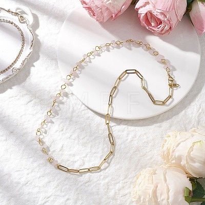 Handmade Natural Rose Quartz Chip Beads & 304 Stainless Steel Paperclip Chain Necklaces NJEW-JN05499-03-1