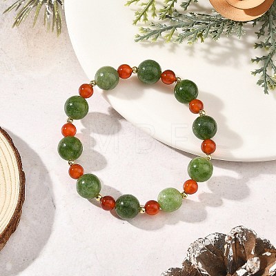 Christmas Dyed Natural Malaysia Jade & Carnelian & Brass Round Beaded Stretch Bracelets BJEW-TA00761-1