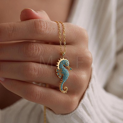 Ocean 304 Stainless Steel Aquamarine Rhinestone Sea Horse Pendant Cable Chain Necklaces for Women WGFC42F-01-1