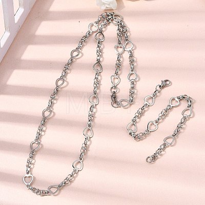 304 Stainless Steel Heart Link Chain Bracelet & Necklace Jewelry Sets SJEW-L199-08P-1
