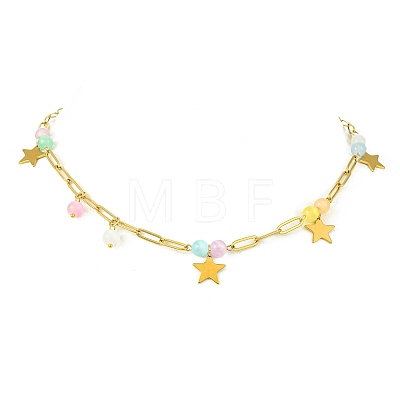 304 Stainless Steel Paperclip Chain Star Pendant Necklaces with Dyed Natural Selenite Beads for Women NJEW-JN06251-03-1