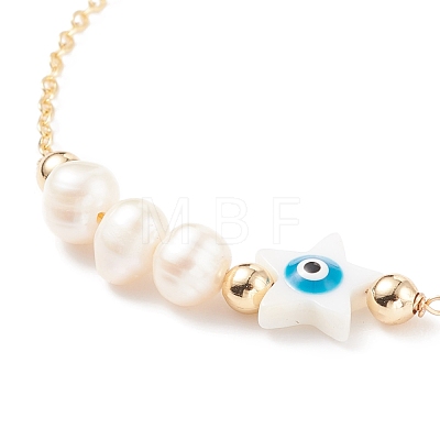 Natural Pearl & Shell Star with Evil Eye Link Bracelet with Brass Chains for Women BJEW-JB08329-01-1