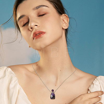 Natural Amethyst Faceted Perfume Bottle Pendant 304 Stainless Steel Cable Chain Necklaces NJEW-WH0002-268B-1